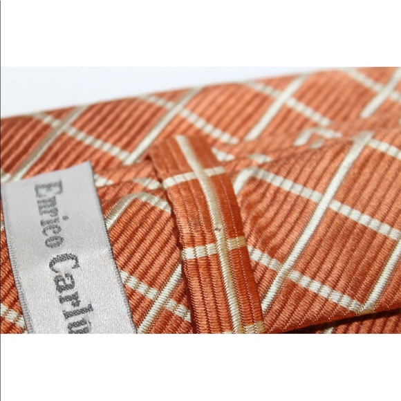 Classic Enrico Carlucci Men Neck Tie Orange Checkered Diamond Italy 100% Silk - Picture 10 of 12